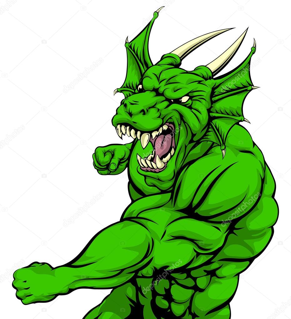 A tough looking green dragon character mascot fighting and punching with fist
