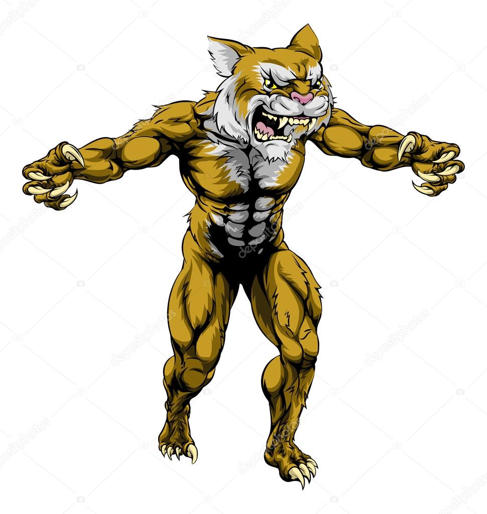 An illustration of a Wildcat scary sports mascot with claws out