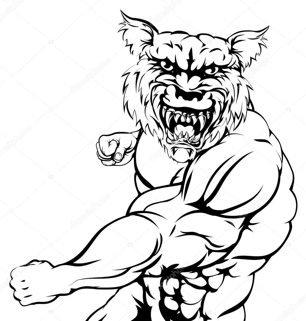 A mean tough wolf animal sports mascot punching at viewer