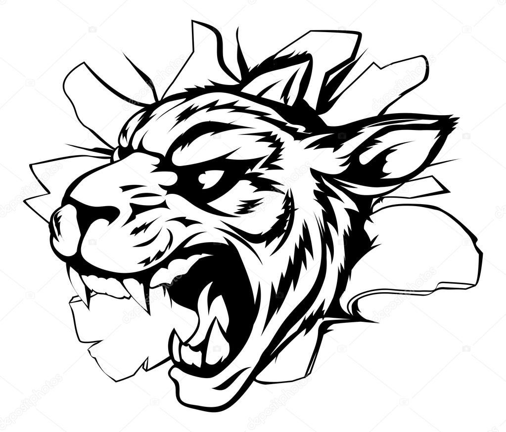 Cartoon fierce tiger mascot animal character breaking through a wall