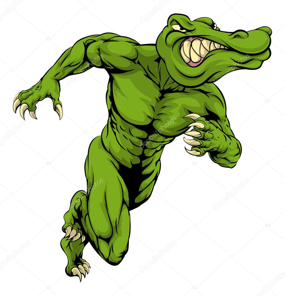 An illustration of a scary alligator or crocodile mascot running or charging