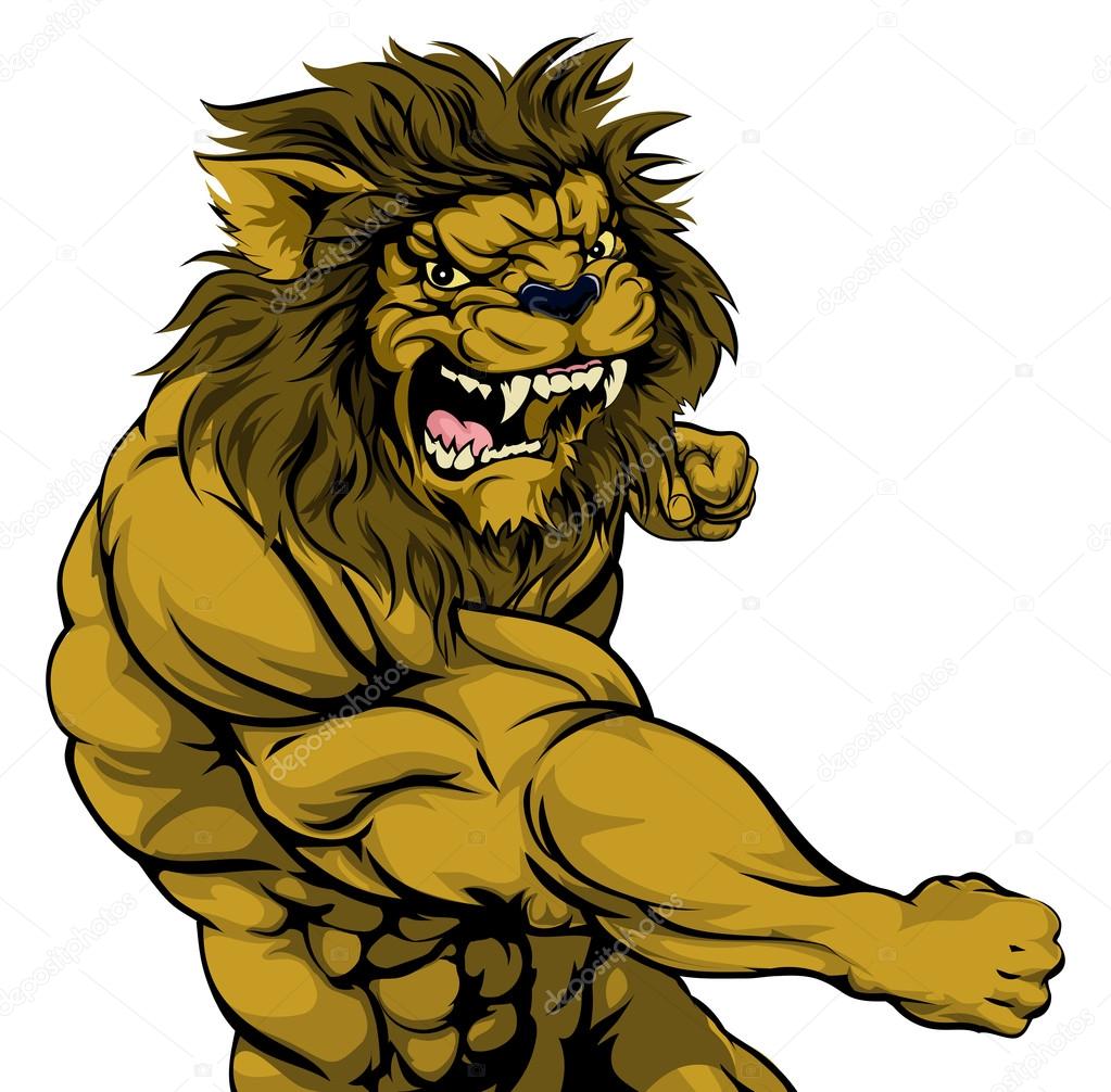 A tough muscular lion character sports mascot attacking with a punch
