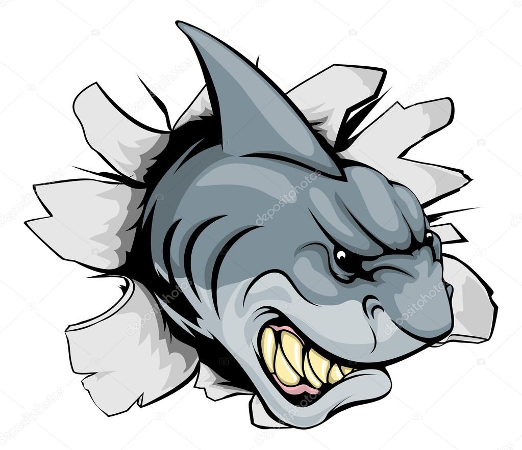 A shark sports mascot or character breaking out of the background or wall