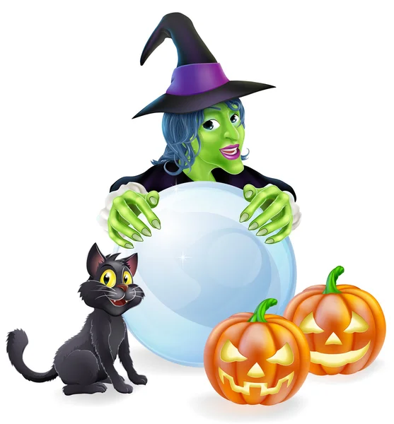 Bruja gato calabazas y cristal bola — Vector de stock