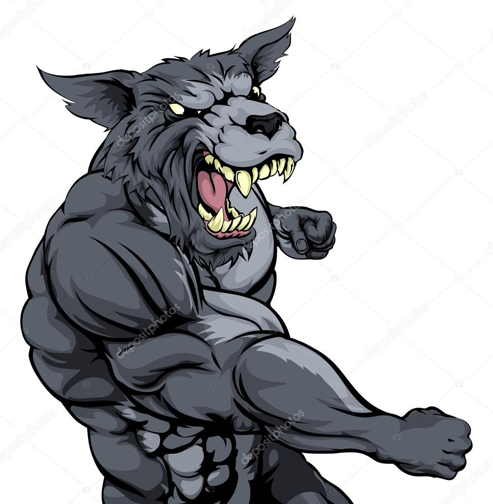 A tough muscular wolf character sports mascot attacking with a punch
