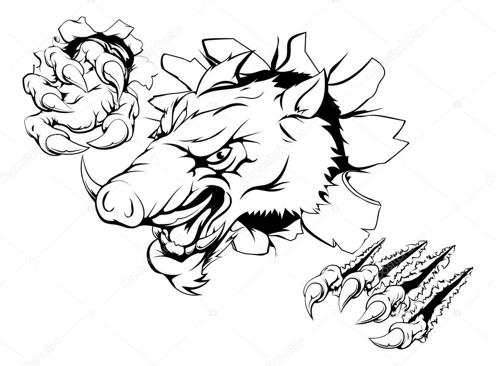 An illustration of a boar monster smashing through wall
