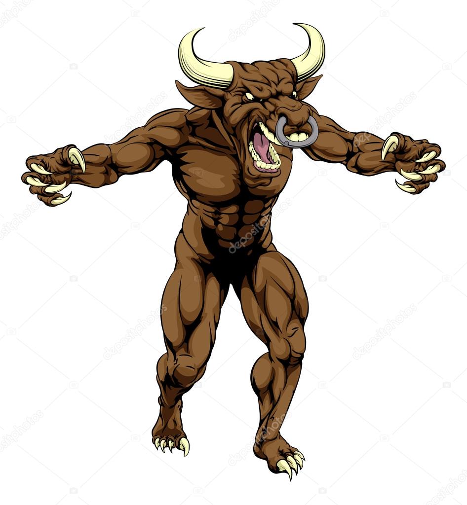 An aggressive tough mean bull sports mascot character with claws out