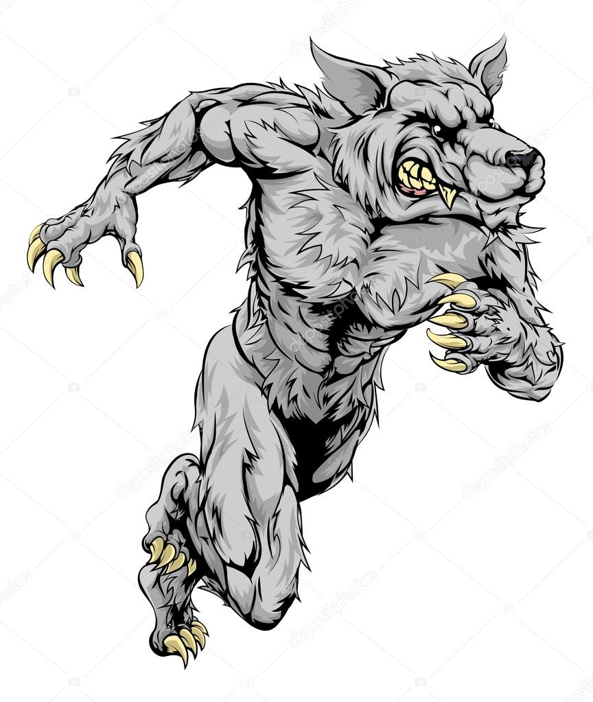 A werewolf wolf man character or sports mascot charging, sprinting or running