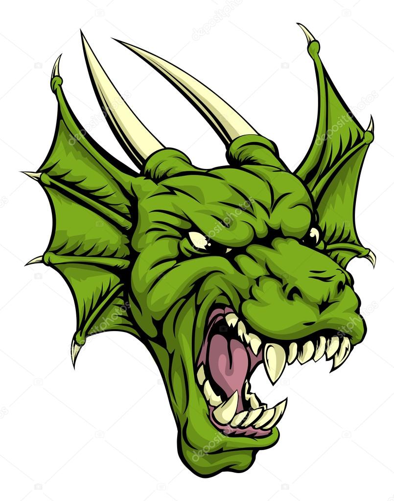An illustration of a mean looking green dragon mascot character