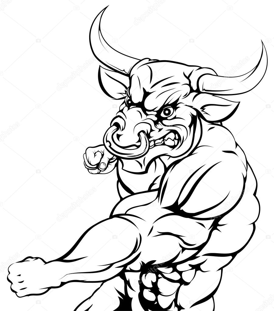 An illustration of a mean looking bull animal sports mascot punching
