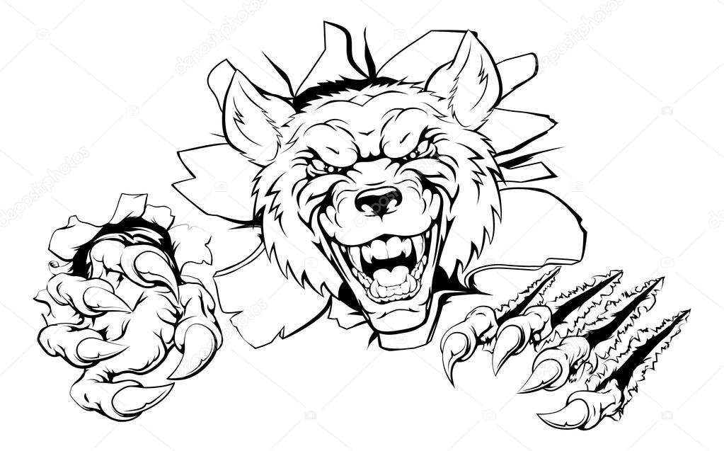 An illustration of a tough looking wolf animal sports mascot or character breaking through