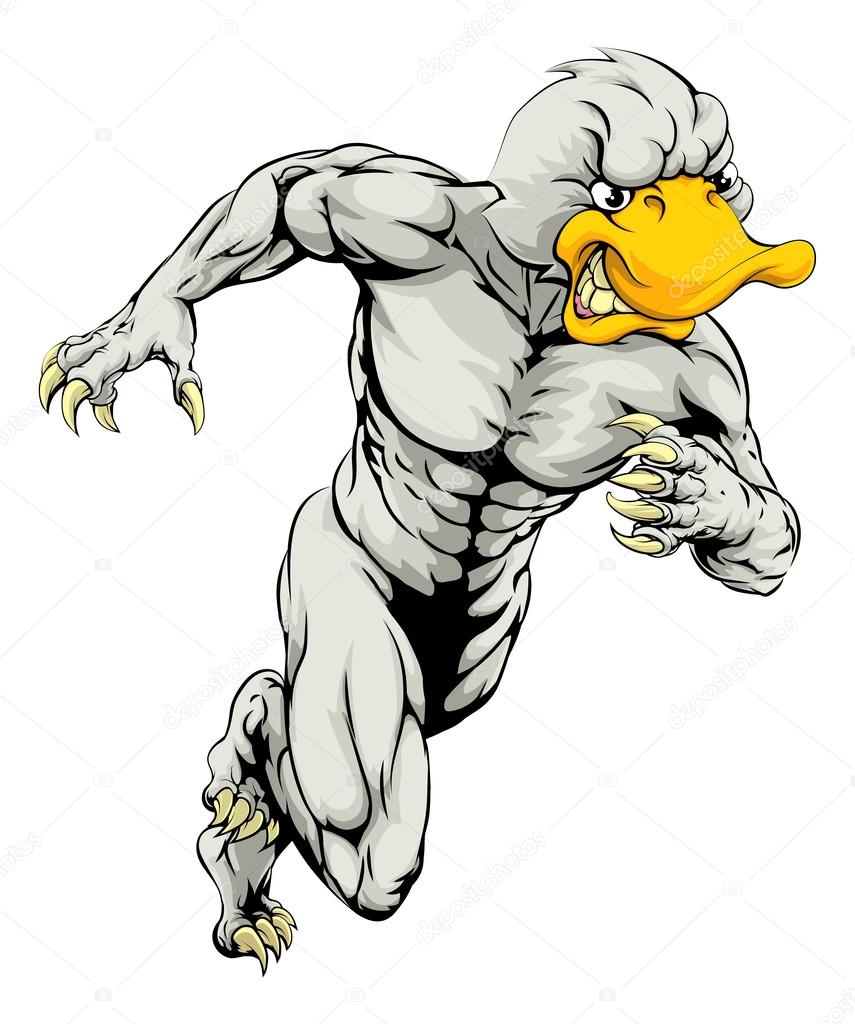 An illustration of a mean tough looking duck sports mascot sprinting
