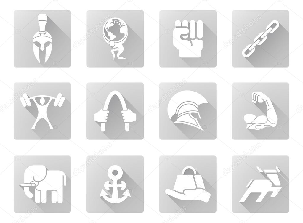 Conceptual strength icon set of icons relating to the concept of strength or being strong in a modern flat shadow style