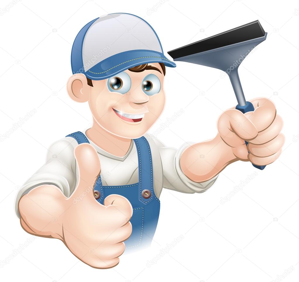 An illustration of a happy cartoon Window Cleaner with a squeegee giving a thumbs up