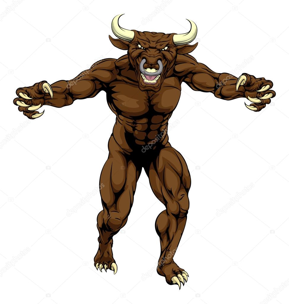 A bull man minotaur sports mascot character attacking with claws out