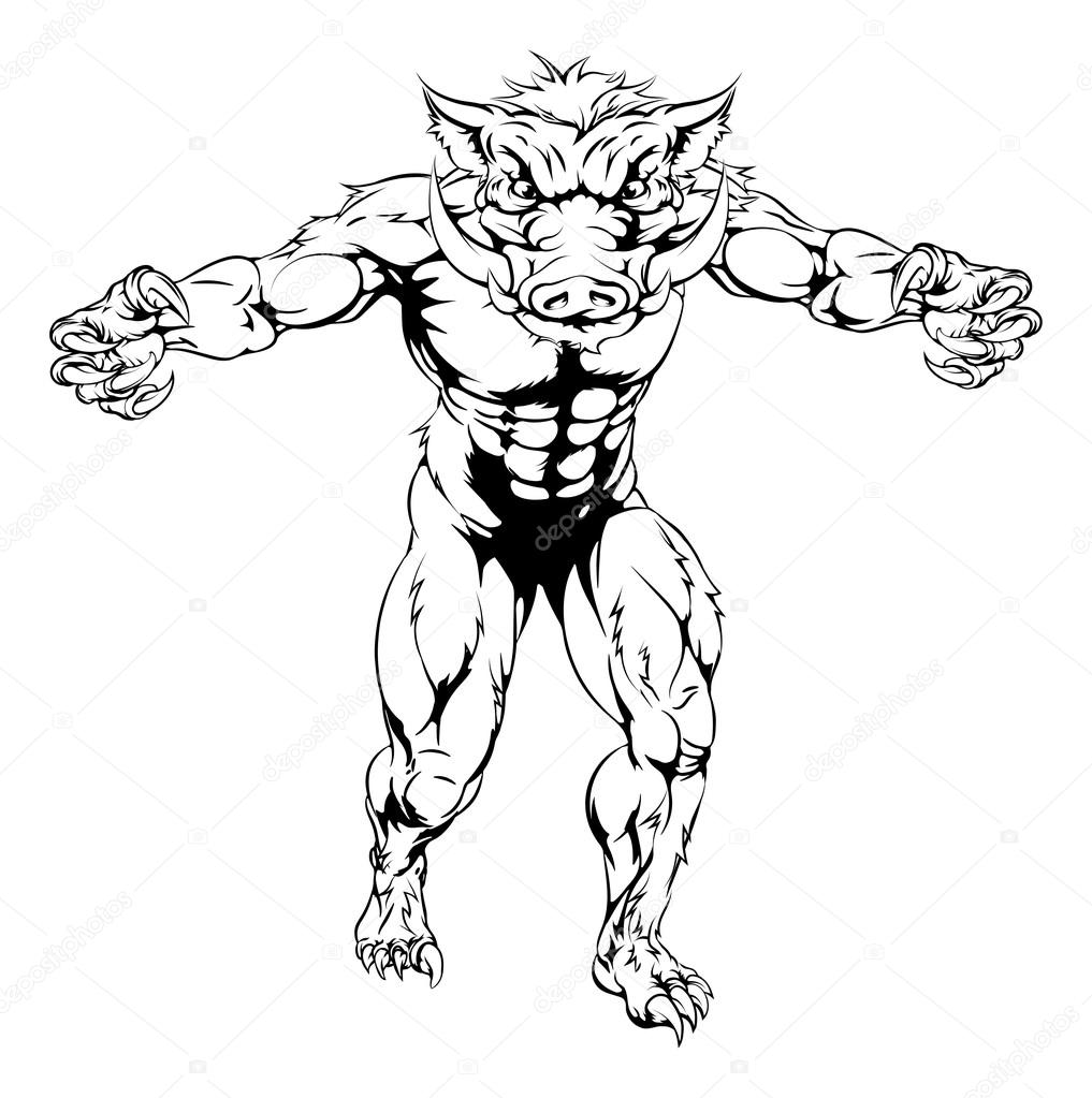 A drawing of a boar sports character mascot standing with claws out