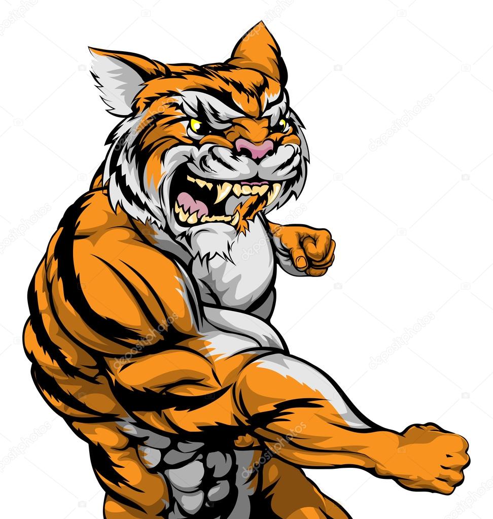 A tough muscular tiger character sports mascot attacking with a punch