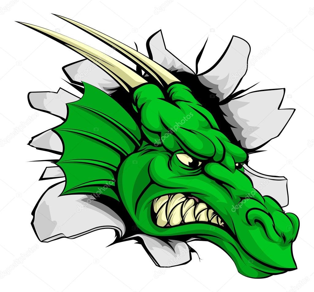 Dragon sports mascot breakthrough concept of a dragon sports mascot or character braking out of the background or wall