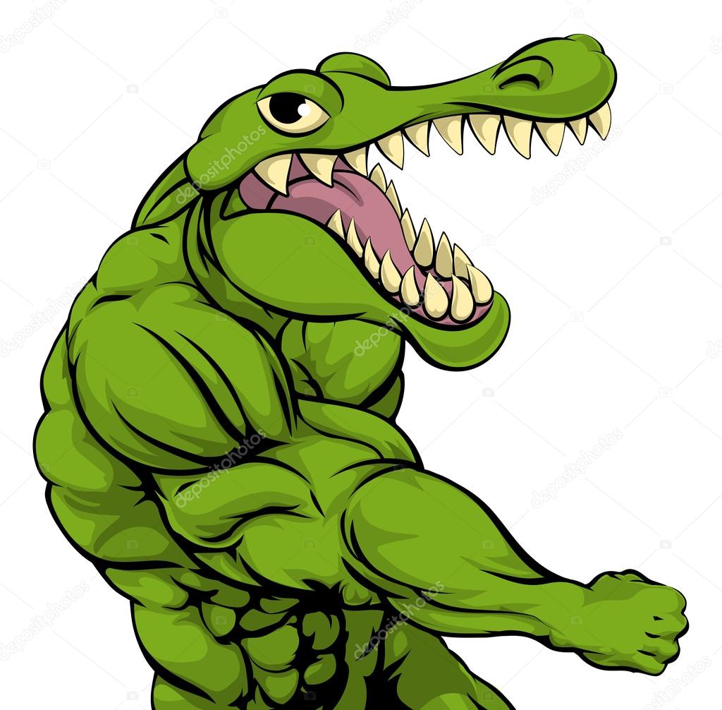 Alligator or crocodile mascot punching at the viewer with fist clenched
