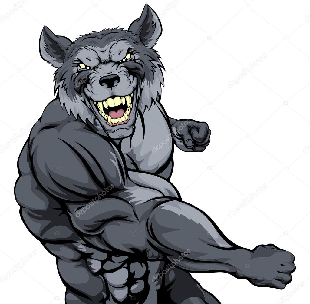 Tough mean muscular wolf character or sports mascot in a fight punching with fist