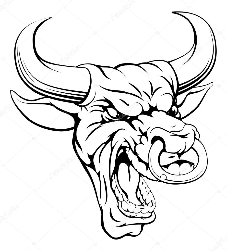 A drawing of a mean angry looking bull mascot face
