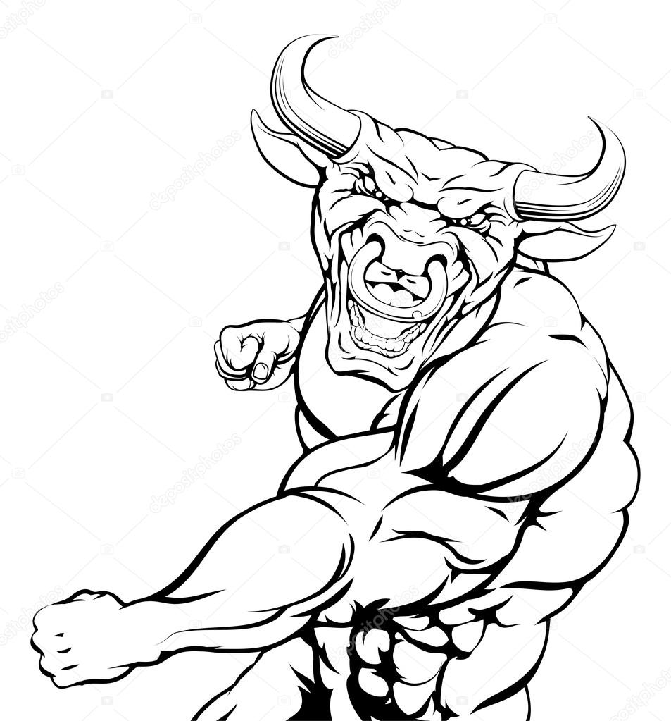 Bull mascot character or sports mascot fighting punching with a fist