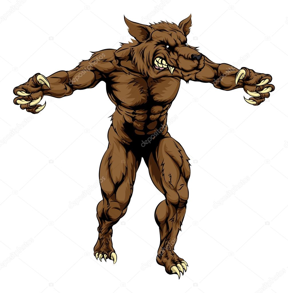 A mean looking werewolf wolf man, or wolf sports mascot character advancing with his claws out