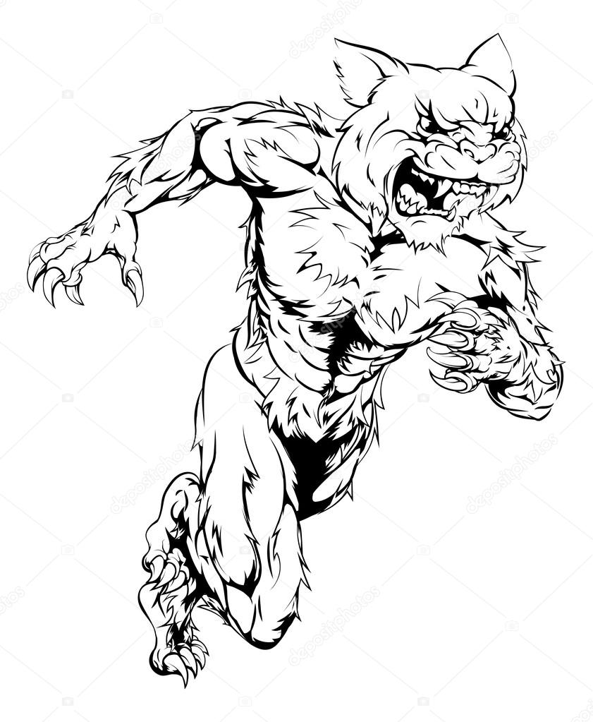 A wildcat man character or sports mascot charging, sprinting or running