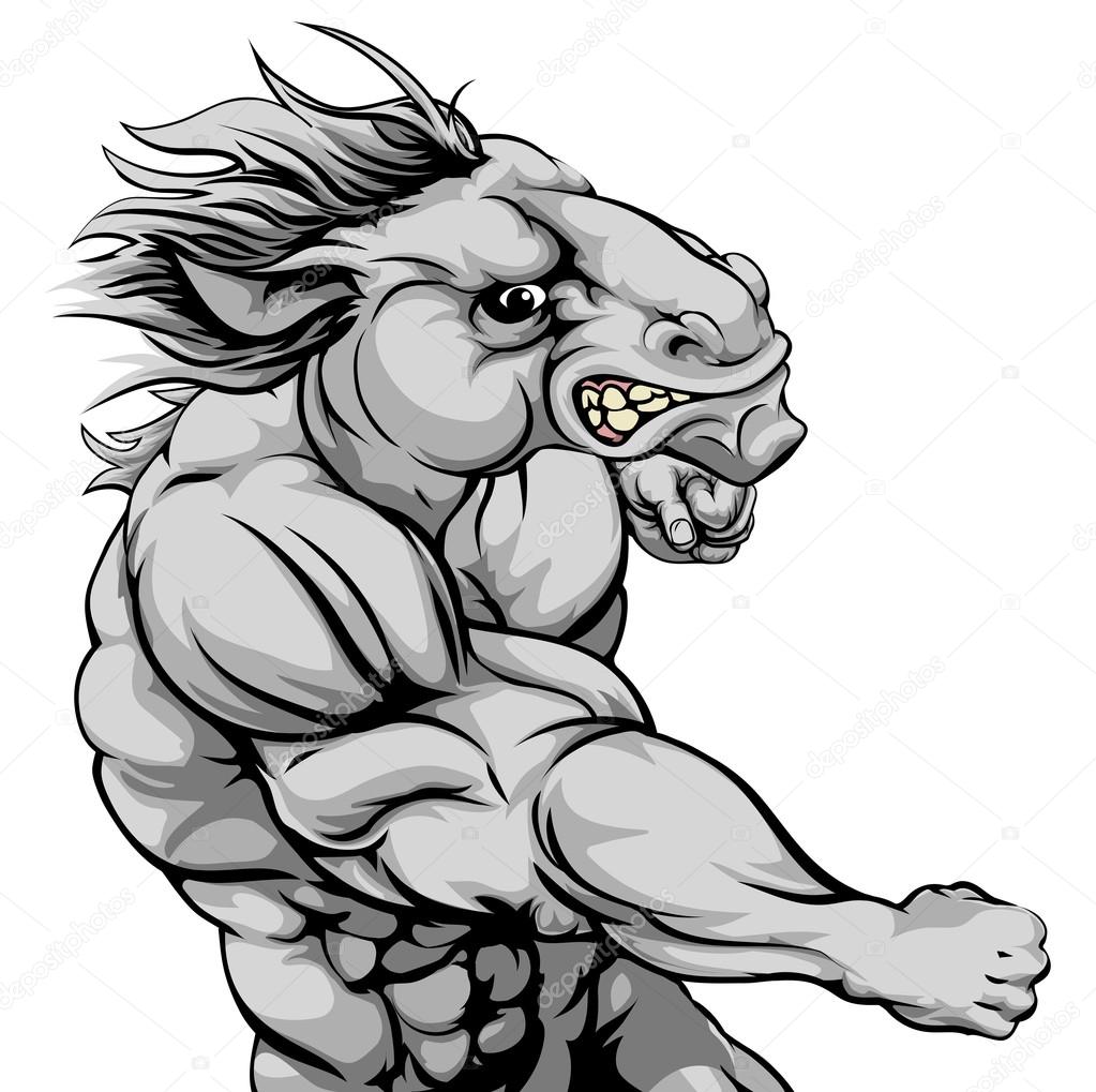 An illustration of a fierce horse animal character or sports mascot punching