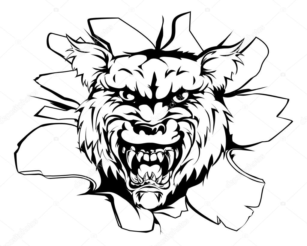 A mean looking wolf animal mascot breaking through a wall