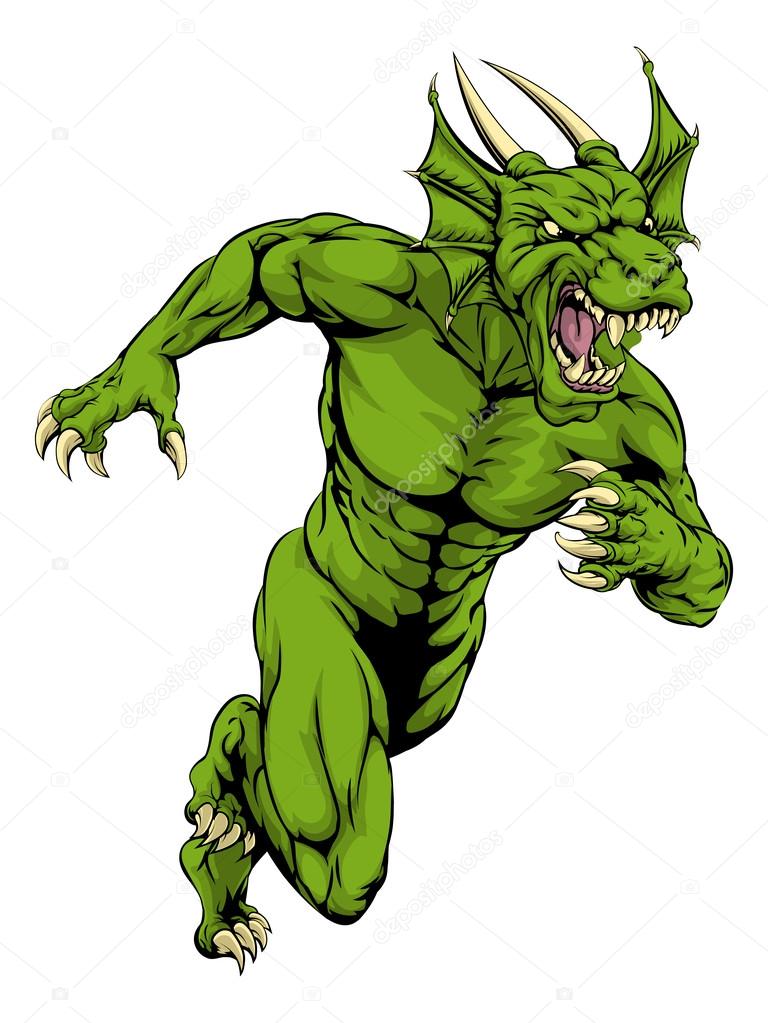 An illustration of a mean tough looking Dragon sports mascot sprinting