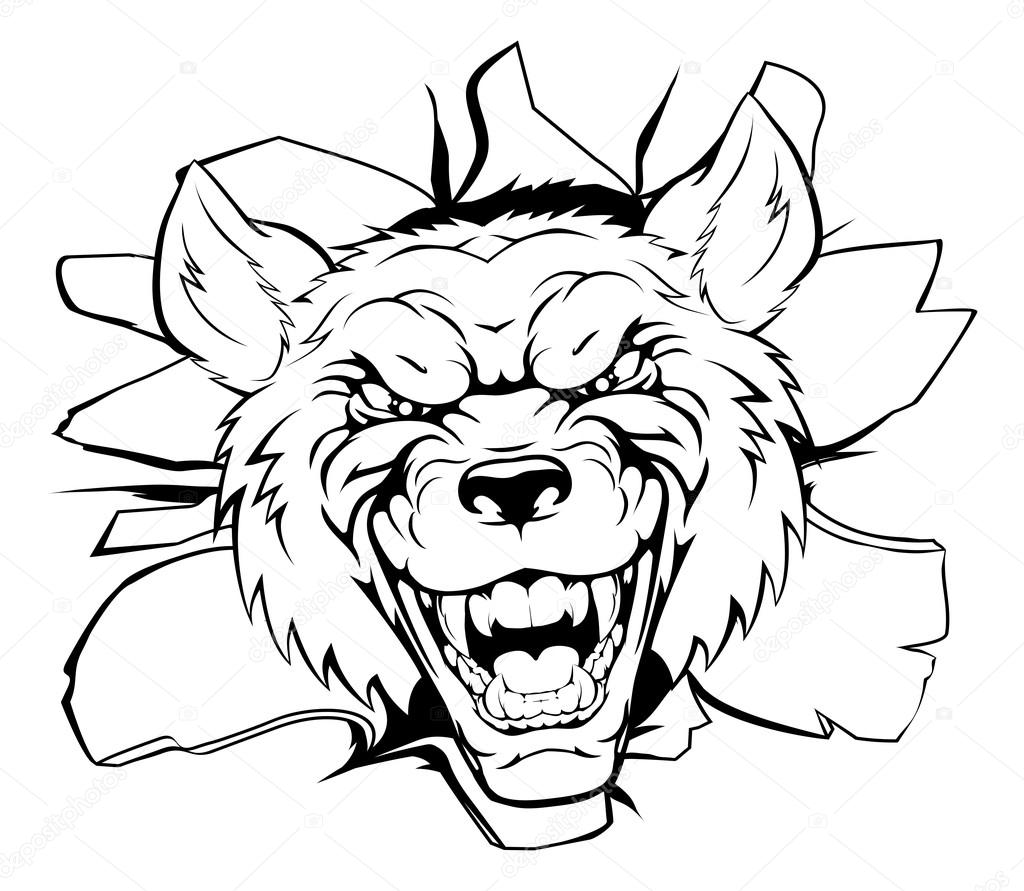 An illustration of a cartoon tough wolf character face tearing out of a wall