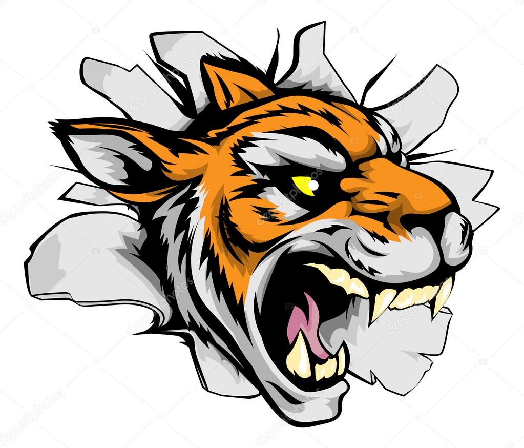 A tiger sports mascot or character breaking out of the background or wall