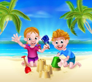 Boy and girl having fun building sandcastles on a tropical beach with palm trees