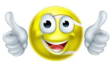 Mutlu bir çizgi film oyuncusu, tenis topu maskotu, iki parmağını da kaldırıyor.