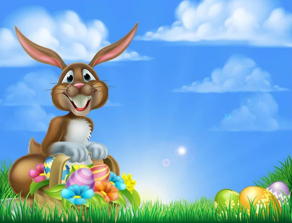 Cartoon Easter scene. Easter bunny with a basket full of decorated chocolate Easter eggs on an Easter egg hunt in a field