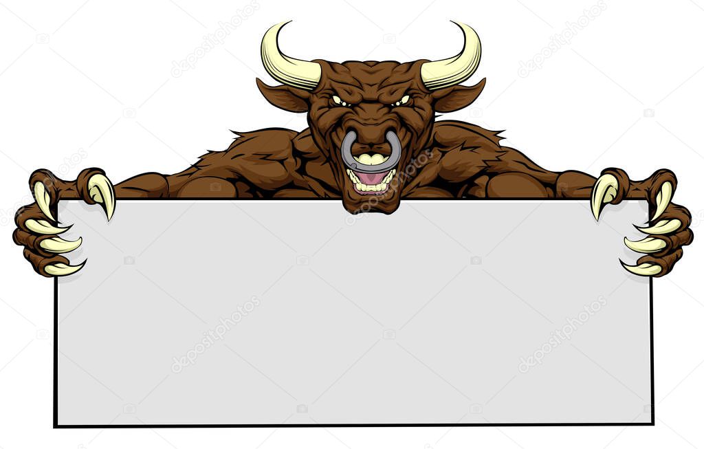 A mean looking bull sports mascot holding a sign