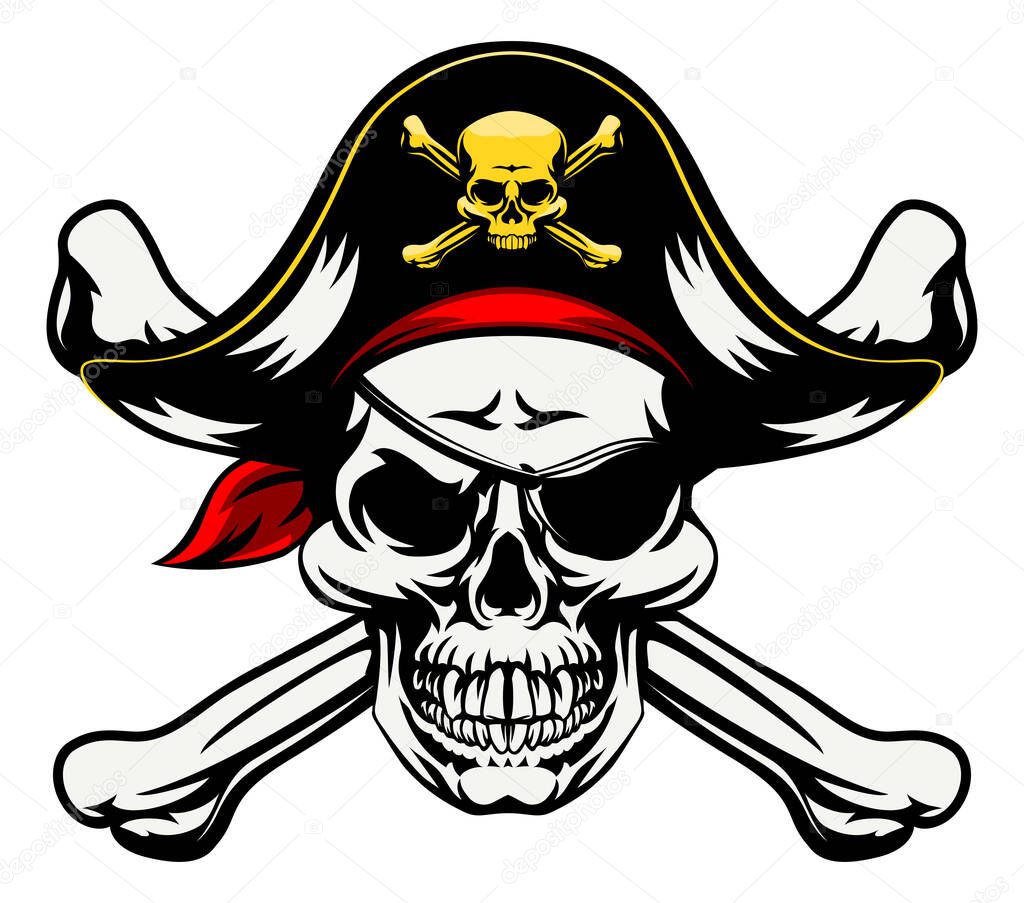 A skull and crossbones dressed in pirate costume with hat and eye patch