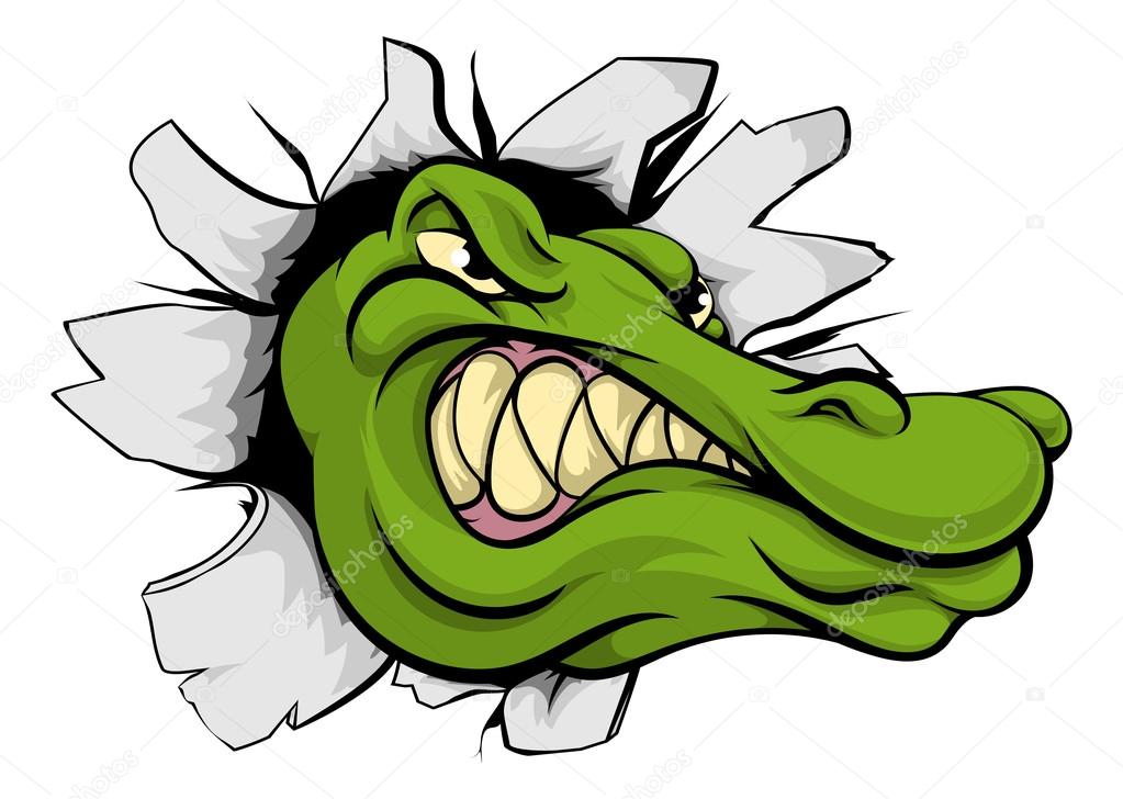 A crocodile or alligator mascot head smashing through a wall