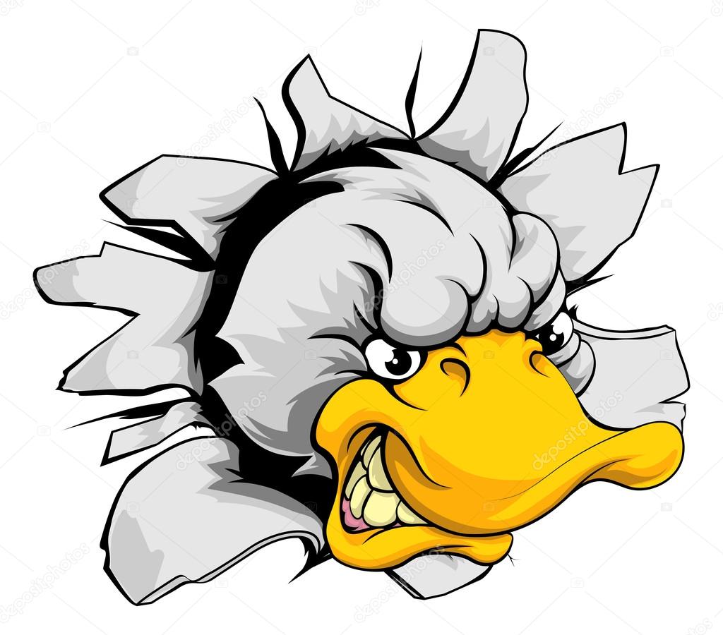 A mean looking duck animal mascot breaking through a wall