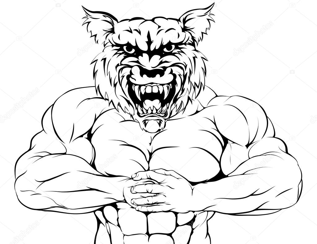A tough muscular wolf mascot character getting ready for a fight
