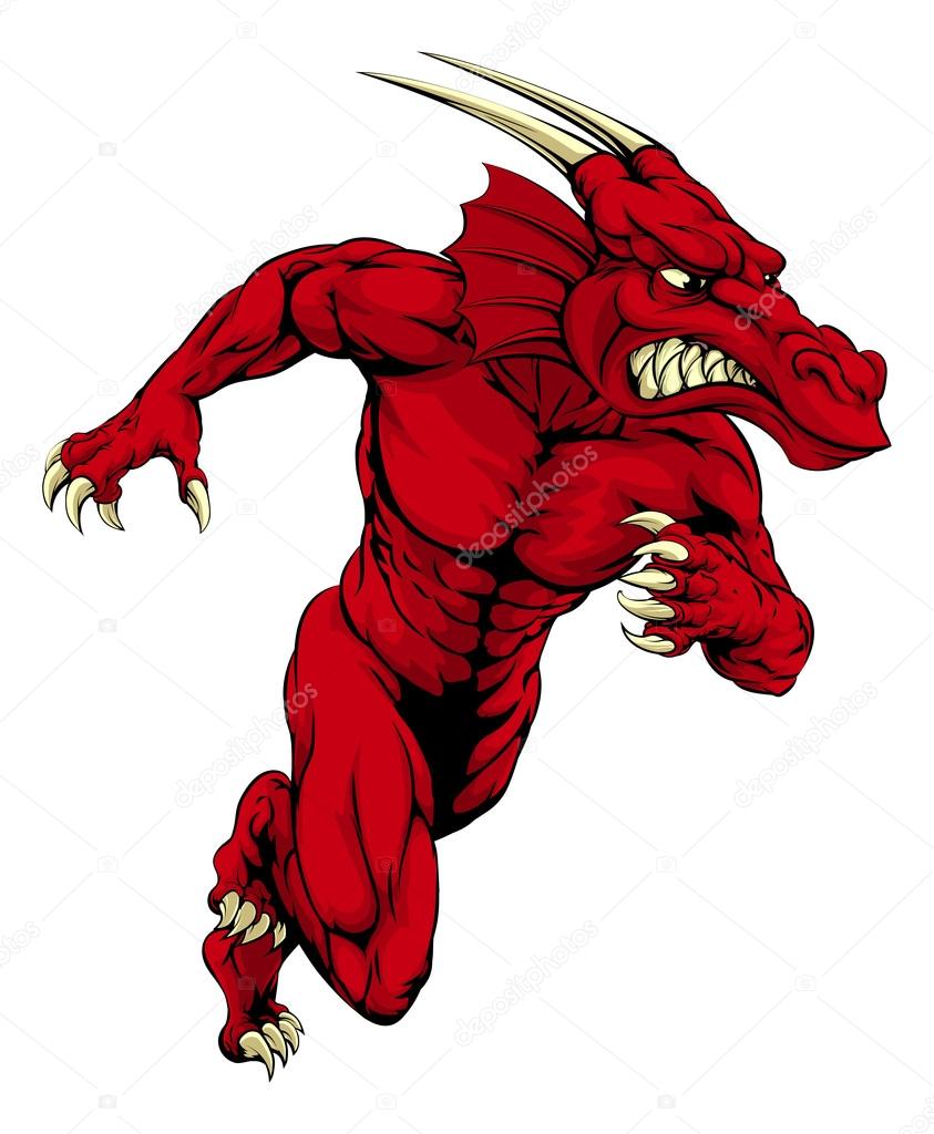An illustration of a mean tough looking red Dragon sports mascot sprinting