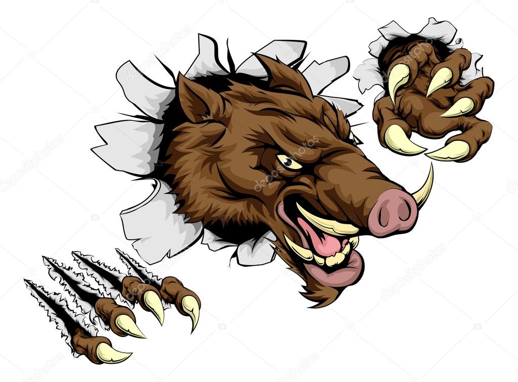 A scary boar animal mascot character breaking through wall with claws