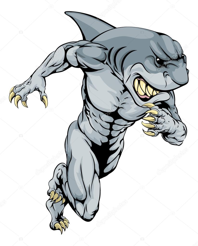 A shark man character or sports mascot charging, sprinting or running