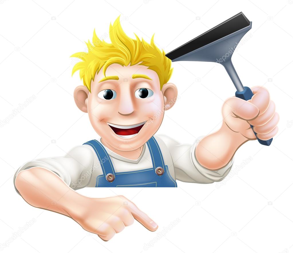 An illustration of a window cleaner holding a squeegee and pointing down at a sign or your message