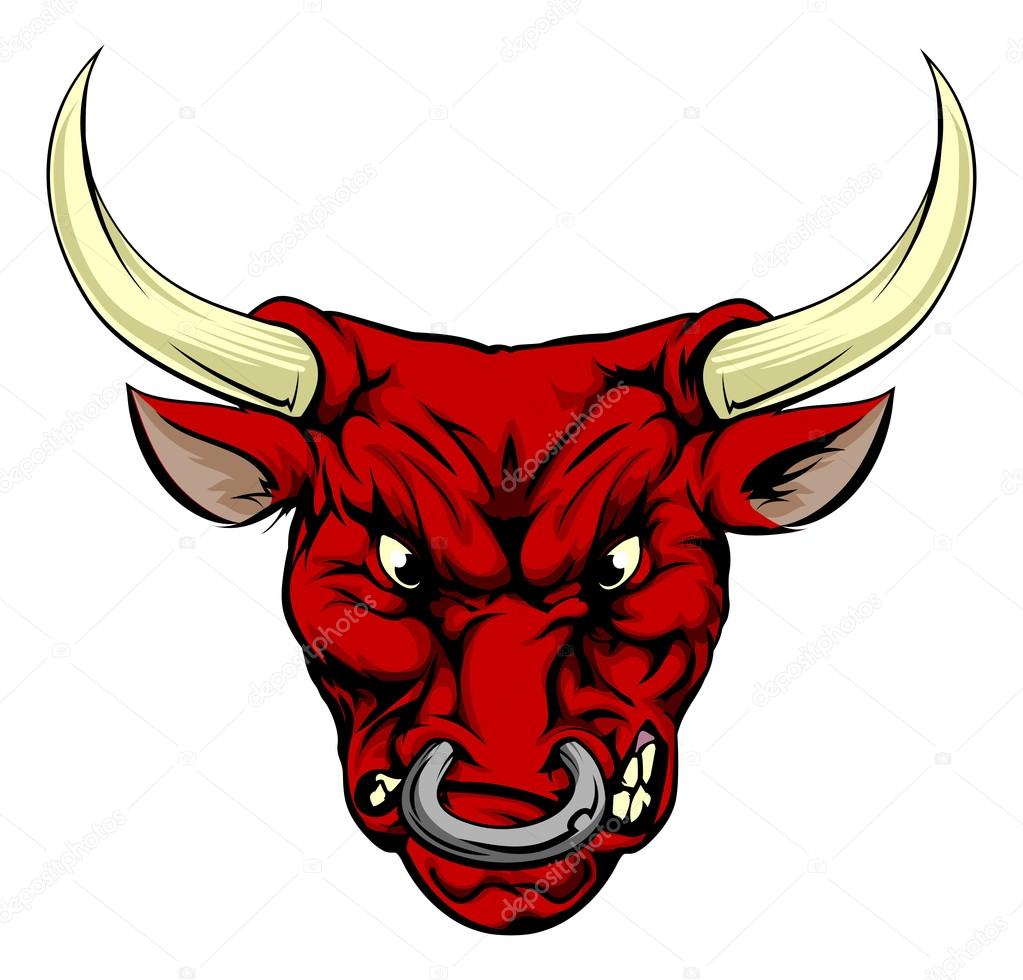 A drawing of a very angry looking red bull mascot face