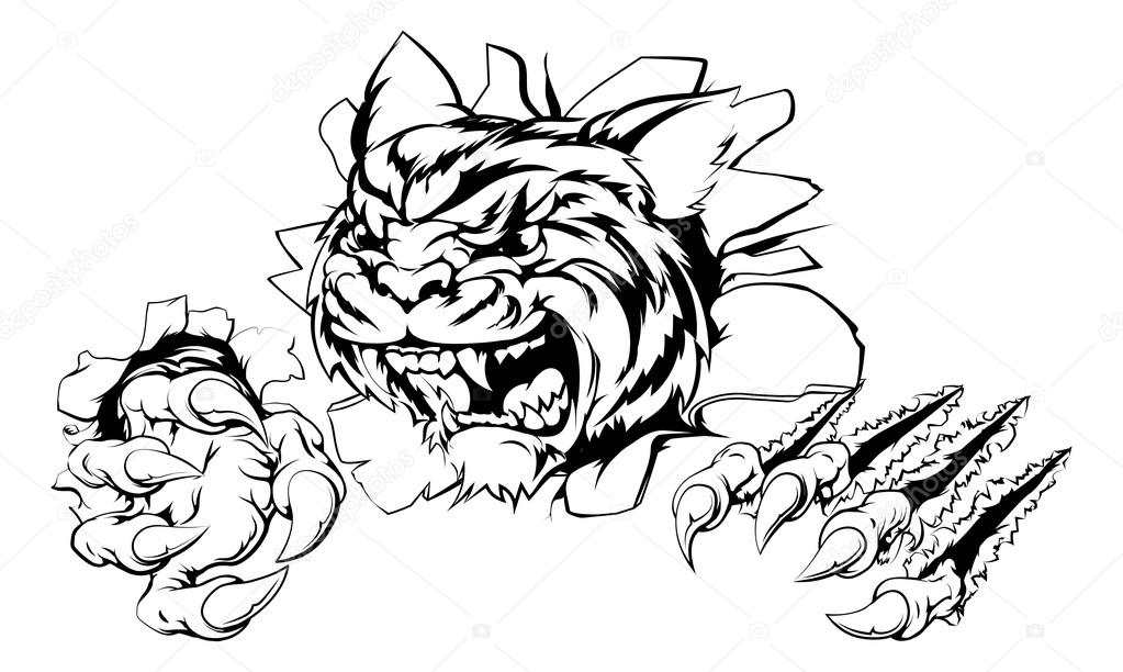 An attacking tiger with claws breakthrough drawing of a tiger tearing through the background