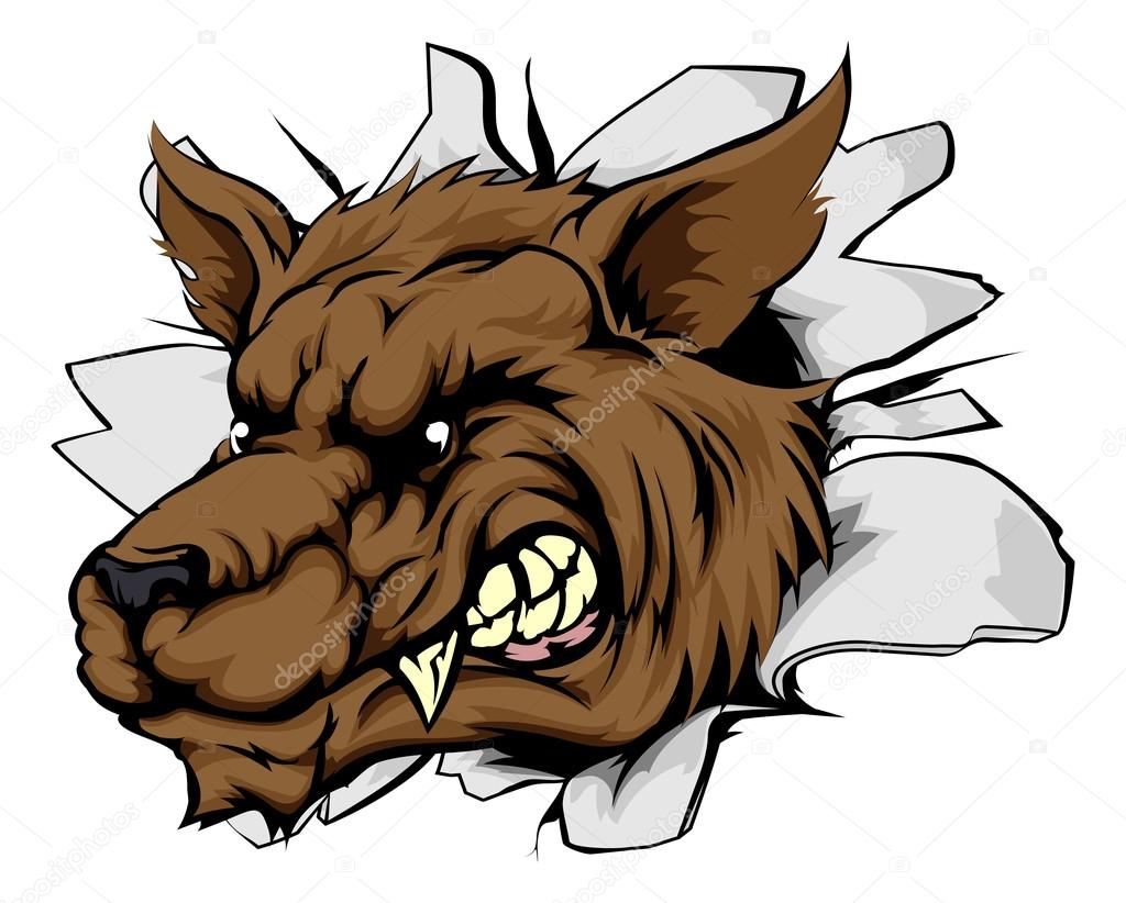 A mean looking wolf animal mascot breaking through a wall