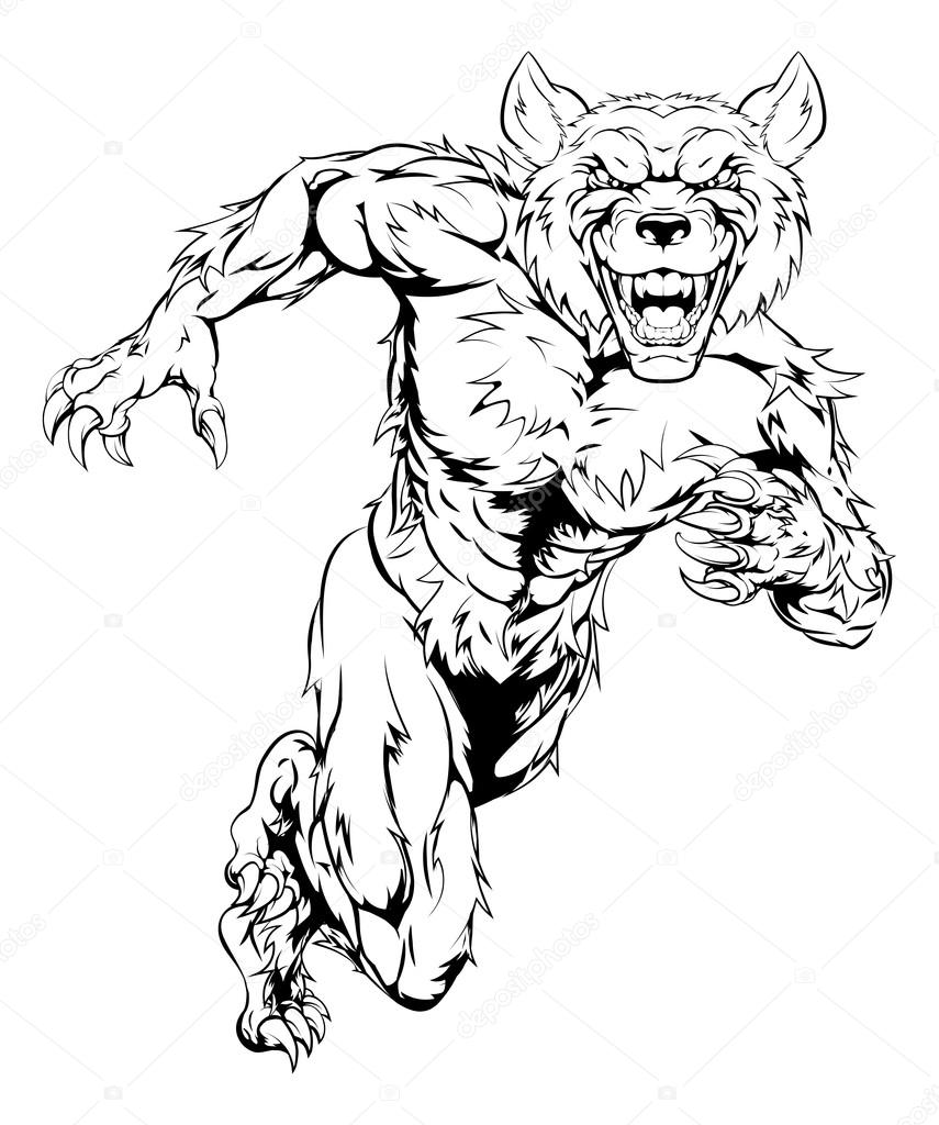 Running wolf or werewolf mascot illustration of a wolf animal sports mascot or character sprinting