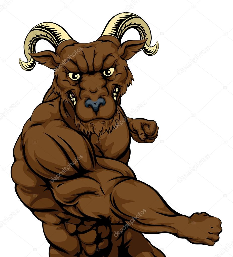 Tough mean muscular ram character or sports mascot in a fight punching with fist